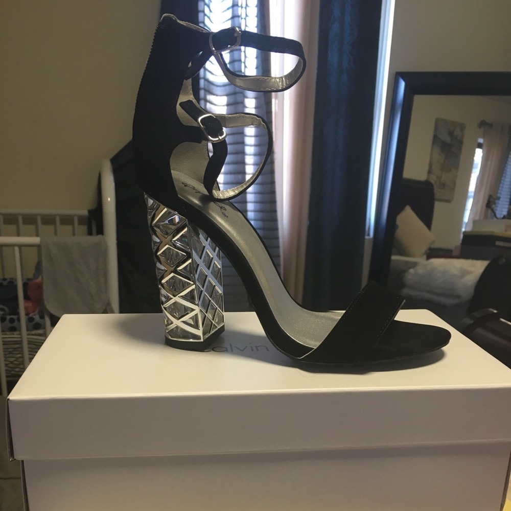 black suede sandals w clear chunky heel